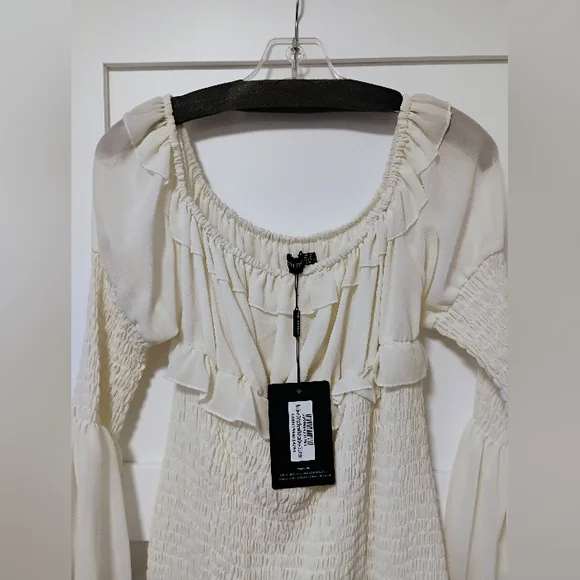 Pretty Little Thing Cream Chiffon Shirred Bodycon Dress - Picture 3 of 4